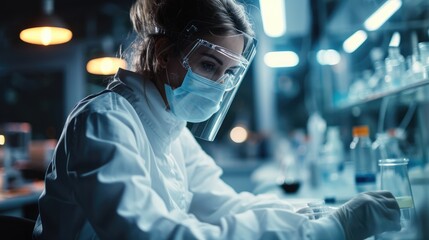 Aufkleber - A scientist in a lab analyzing samples with a disposable face mask, Analytical, Sterile environment. Generative AI.