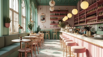 Poster - A dessert bar with pastel walls and a bakery, Modern style. Generative AI.