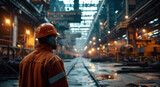 Fototapeta  - Male steel working wearing orange hat standing in the middle of a modern and clean steel plant. Generative AI.