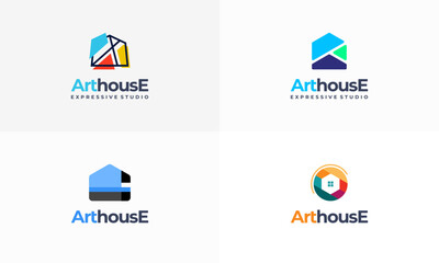 Wall Mural - Set of art gallery house logo. Art museum or artist school concept logo with abstract geometric shape house in multicolor design. colorful house artwork logo icon.