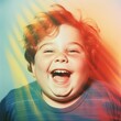 Insanely Happy Chubby Cheeks Boy, Photo Portrait with Colored Lights, trippy rainbow neon retro studio shot, mouth wide open, grin, ecstatic, celebrate, joy, funny photo, double exposure, tritone