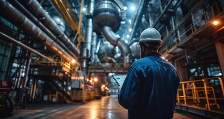 Aufkleber - A technician in a hard hat inspecting a large industrial machine with a tablet. Generative AI.