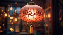 Close-up Of A Traditional Red Chinese Lantern With Intricate Designs, Illuminated Against A Bokeh Background At Night.