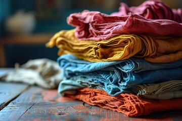 Poster - Stack colorful cotton clothes on table empty space background. Generative AI.