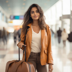 Wall Mural - young indian woman standing with travailing bag at airport