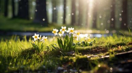 Wall Mural - Cluster of narcissus flowers basking in the sun's rays in a forest clearing, creating an idyllic and peaceful spring scene.