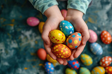 Child Toddler Kid Holding Colored Easter Eggs In Closeup Hands. Religious Holidays Celebrating Special Moment To Color Decorate Eggs Tradition Concept. Spring Holiday Celebration Concept