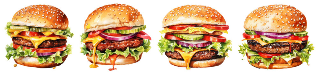 Wall Mural - Watercolor set of burgers png collection 