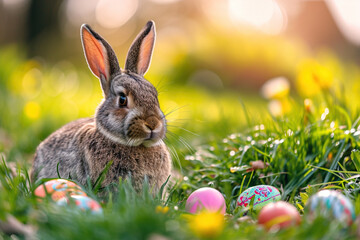 Wall Mural - A real gray bunny among Easter colorful eggs on a green lawn. Holiday traditions concept.