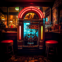 Poster - A retro jukebox in a dimly lit, atmospheric bar.