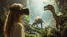 Young Woman Wearing A Virtual Reality Headset Using It To Visualize A Prehistoric World With Real Dinosaurs, Game Technology Concept