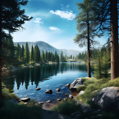 Sticker - A tranquil lake surrounded by pine trees.