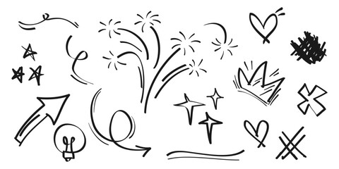 Poster - Hand drawn set of doodle emphasis design elements. Crown, love, arrow. curly swishes, swoops, swirl, arrow, heart, star, sparkle, firework. used for infographic concept design