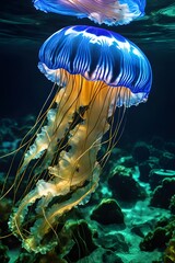 Jellyfish with long tentacles in the water. Vibrant yellow and purple colors against blurry background. Sunrays from above. Breathtaking underwater scene..	
