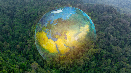 Wall Mural - Atmospheric aerial view of the green forest with the earth Demonstrate the concept of preserving the top ecosystem and natural environment and Save Earth