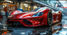 A  Red Concept Futuristic Sports Car In The Street