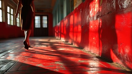 red concept of woman walking across mosaic tiles with heart on the floor,