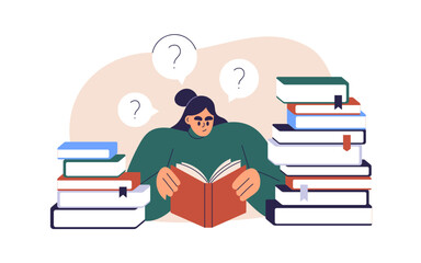 Student studying, preparing for exam among book piles. Character reading textbooks, researching, finding answers in library. Education concept. Flat vector illustration isolated on white background