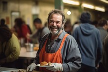 Receiving Food For The Poor From Volunteers: The Concept Of Feeding. Volunteer Serving The Homeless In A Social Canteen Or Shelter