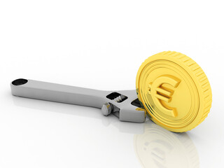 Canvas Print - 
3D rendering euro currency symbol with gold coin near adjustable wrench