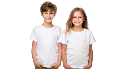 Collection of PNG. Boy and girl with blank white canvas t-shirts isolated on a transparent background.