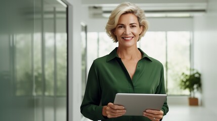 Wall Mural - Smiling mid aged mature professional business woman in forest green blouse, 40s female executive or entrepreneur holding fintech tab digital tablet standing in office at work, large window copy space