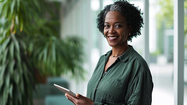 Smiling mid aged mature professional business woman in forest green blouse, 40s female executive or entrepreneur holding fintech tab digital tablet standing in office at work, large window copy space