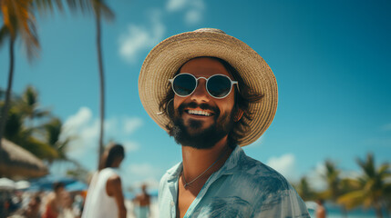 Wall Mural - Man having fun at the beach - straw hat - sunglasses - palm trees - stylish fashion 