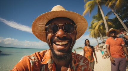 Wall Mural - Man dressed in Straw hat and sunglasses - beach - resort - vacation - holiday - getaway - trip - travel - ocean 