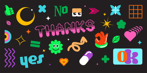 Poster - y2k colorful abstract shapes and text signs. simple vector illustration set of geometric forms and s