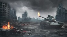 Tank In The Middle Of Ruined City Warfare Looping Video Animation Background Illustration