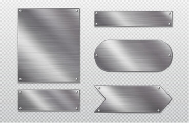 Poster - Stainless steel tags with blank metal surface isolated on transparent background. Vector realistic illustration of game menu, arrow sign, nameplate ui frames, shiny buttons, glossy blank badges