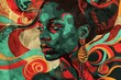 The portrait of an African woman's black history month concept, psychedelic graphic design, dark emerald and crimson, shaped canvas, graffiti style, bold graphic design art elements.