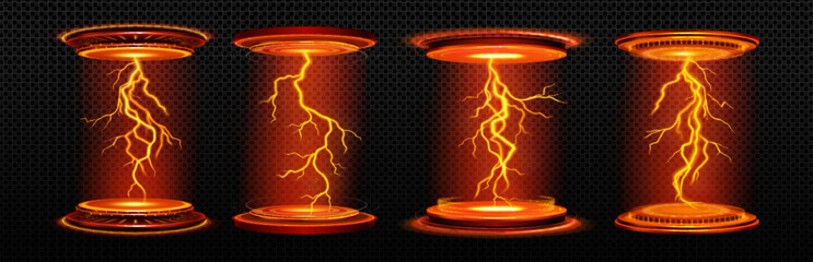 Poster - Red neon game portal with lightning and glow effect in realistic vector illustration set. Magic teleport podium with beams for gui concept. Futuristic cyberpunk round luminous port with ray and flash.