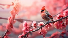 Vibrant Nature: Bright Red Bird With Pinky Beaks Perched On Twig In Lavender Flower Field