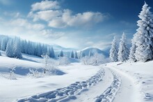 Cold Winter Scenery With Snow-covered Land And Trees. Generative AI