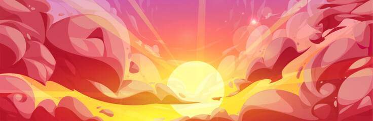 Wall Mural - sunset or sunrise yellow and pink gradient color sky with anime fluffy clouds. cartoon vector backgr