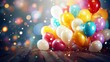 © Ashi - Joyful celebration: vibrant birthday party balloons, colorful background, and cake with candles