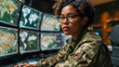 Portrait of a military woman behind monitors displaying management information and analyzing big data information, programming and managing modern systems