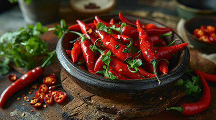 Wall Mural - Red Hot Chilli Peppers in a wooden bowl on an old wooden background