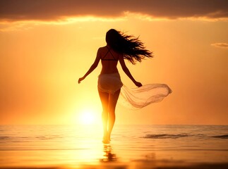 Wall Mural - Woman on a beautiful beach in the evening with a beautiful sunset, lovely silhouette background