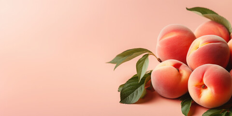 Wall Mural - Peaches on a peach-colored background. Banner.Copy space for text. Color of the year 2024 Peach Fuzz