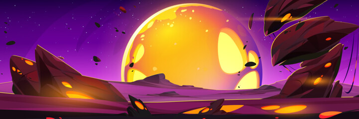 Poster - purple alien landscape with planet ground surface with rocks and yellow glowing elements, sky with b