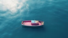 Flat Lay Of A Retro Fishing Boat On A Sea With Strong