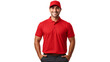 © samitha - Front-facing smiling delivery person in a red uniform with hat isolated background