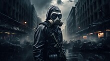 In A Desolate Cityscape, A Man In A Gas Mask And Protective Suit Symbolizes The Aftermath Of War And Destruction.