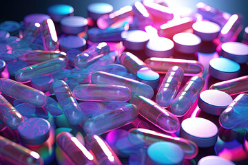 Wall Mural - Background with pills and capsules in neon blue and purple colors. Medical drug or dietary supplement concept