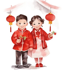 Wall Mural - Chinese boy and girl holding lucky money envelopes to celebrate the new year isolated on transparent background