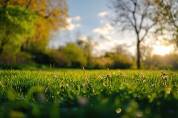 Poster - A picture of a green grass field with a tree in the background. Suitable for nature-themed projects and outdoor concepts