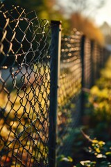 Poster - A detailed view of a chain link fence. Can be used to depict security, boundaries, or industrial settings